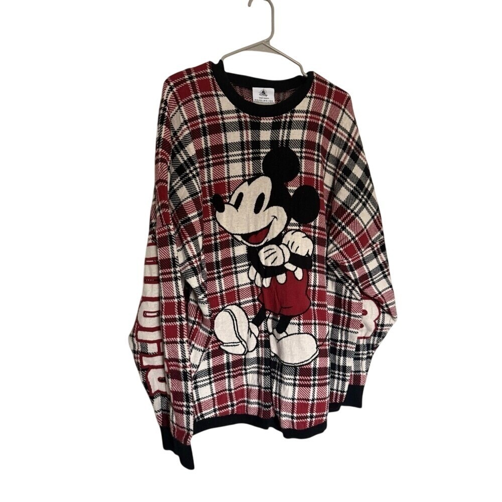 Disney Spirit Jersey Mickey Mouse Plaid Knit Sweater Red Black White XL
